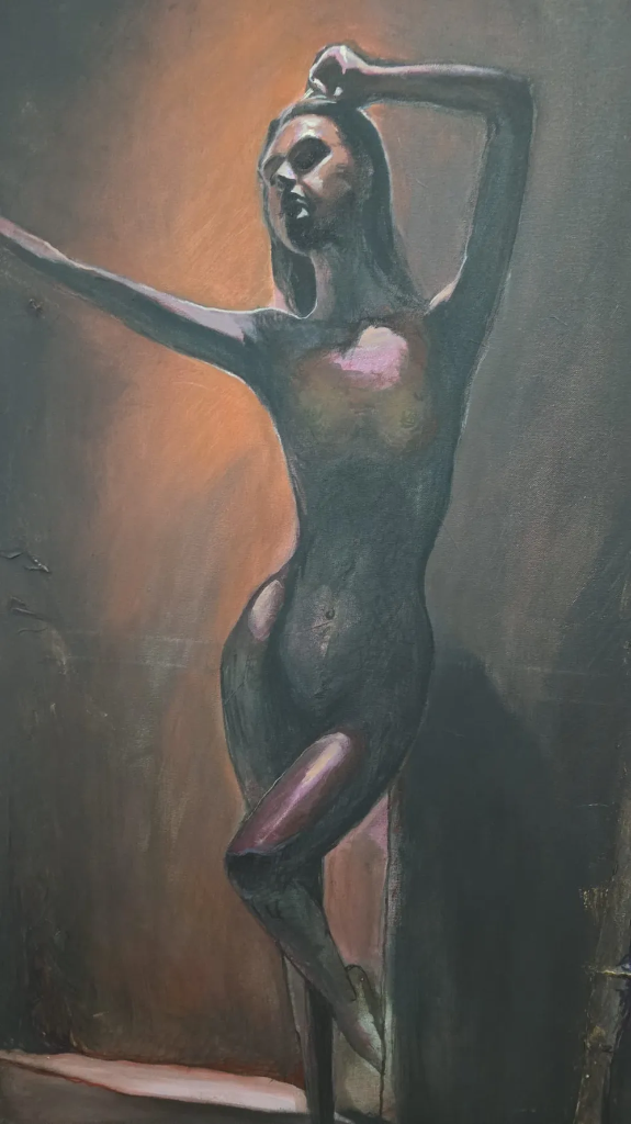 Surrealist painting of slender woman mixed media by Yevhen Sudin.