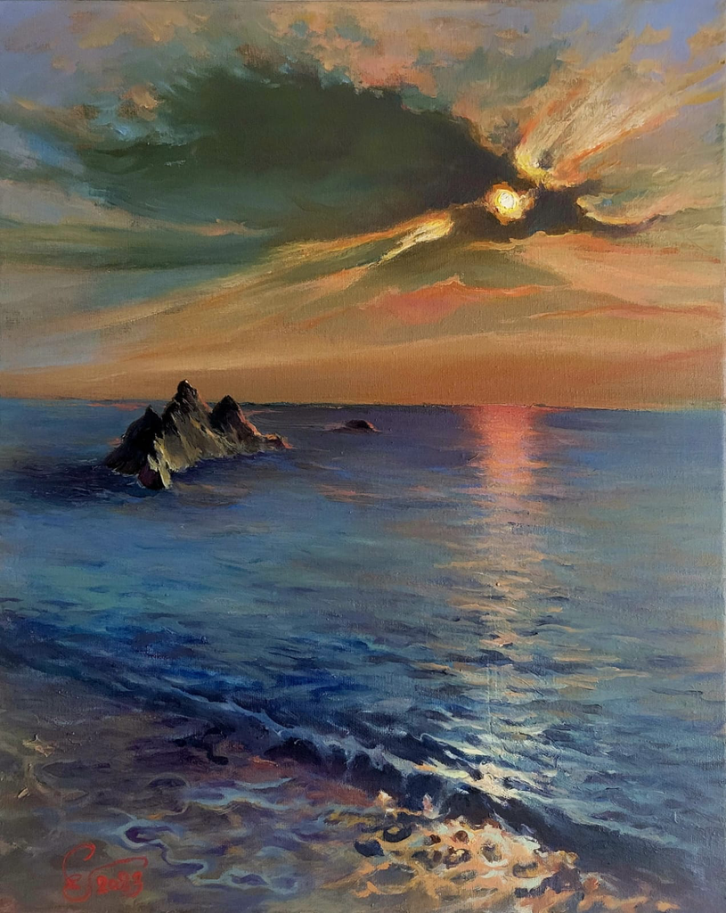 Puesta de sol. Nube. Roca.