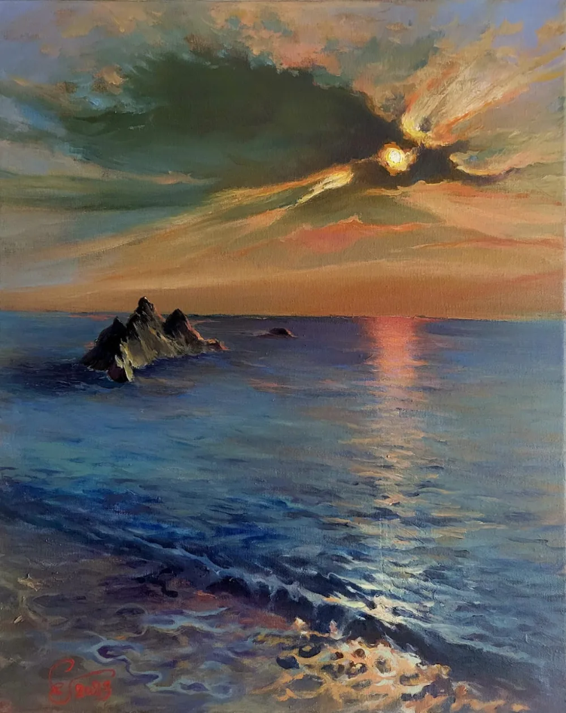 Puesta de sol. Nube. Roca