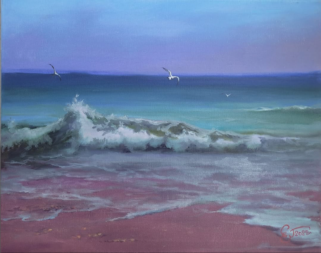 Wave, three seagulls