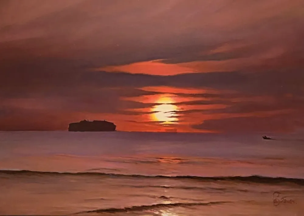 [P-0003] Paquebot au Coucher du Soleil (Original)